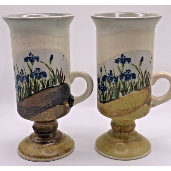 2 VTG Otagiri Tall Irish Coffee Mugs Footed with Blue/Purple Irises Stoneware - Picture 4 of 10